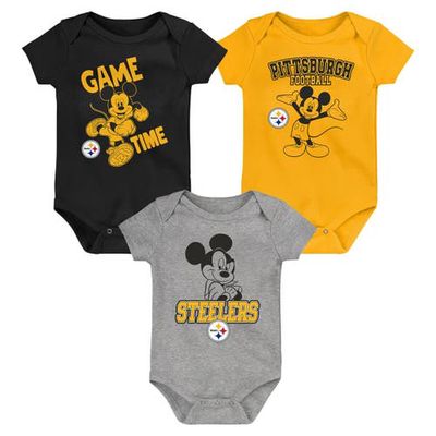 Outerstuff Newborn & Infant Black/Gold/Gray Pittsburgh Steelers Three-Piece Disney Game Time Bodysuit Set