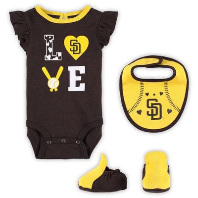 Outerstuff Newborn & Infant Brown/Gold San Diego Padres Three-Piece Love of Baseball Bib Bodysuit & Booties Set