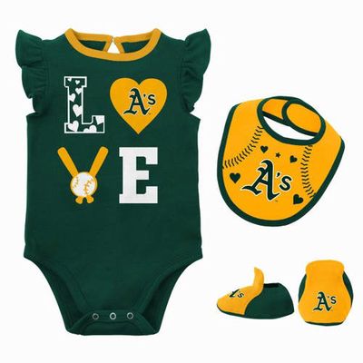 Outerstuff Newborn & Infant Green/Gold Oakland Athletics Three-Piece Love of Baseball Bib Bodysuit & Booties Set