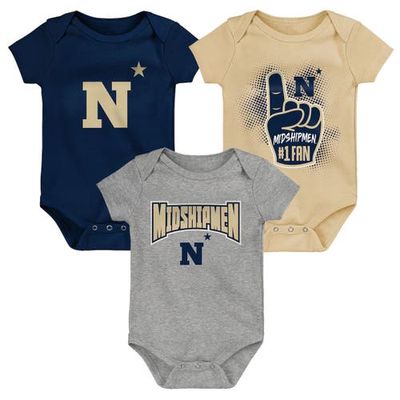 Outerstuff Newborn & Infant Navy/Gold/Heathered Gray Navy Midshipmen 3-Pack Game On Bodysuit Set