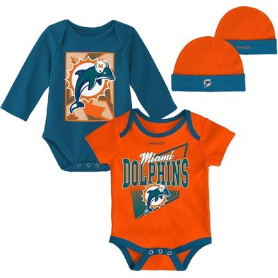 Outerstuff Newborn & Infant Orange/Aqua Miami Dolphins Victory Formation Throwback Three-Piece Bodysuit and Knit Hat Set