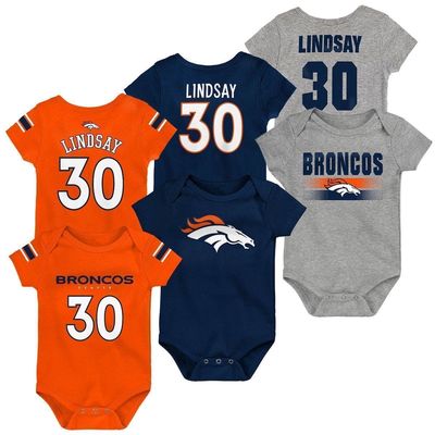 Outerstuff Newborn & Infant Phillip Lindsay Orange/Navy/Heathered Gray Denver Broncos Name & Number Three-Pack Bodysuit Set