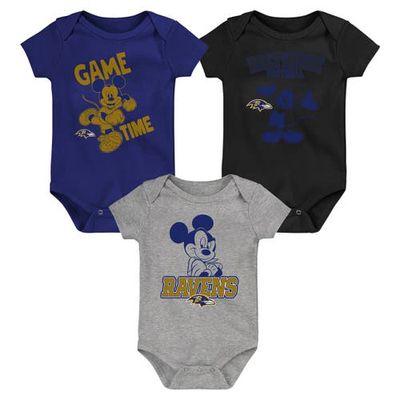 Outerstuff Newborn & Infant Purple/Black/Gray Baltimore Ravens Three-Piece Disney Game Time Bodysuit Set