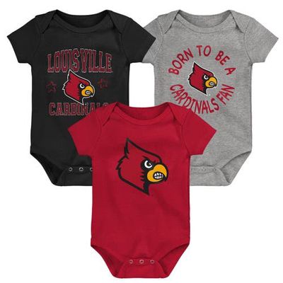 Outerstuff Newborn & Infant Red/Black/Heather Gray Louisville Cardinals 3-Pack Born To Be Bodysuit Set