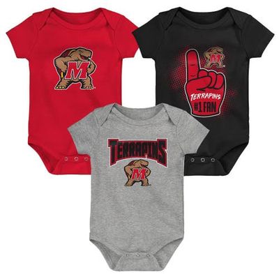 Outerstuff Newborn & Infant Red/Black/Heathered Gray Maryland Terrapins 3-Pack Game On Bodysuit Set