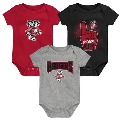 Outerstuff Newborn & Infant Red/Black/Heathered Gray Wisconsin Badgers 3-Pack Game On Bodysuit Set