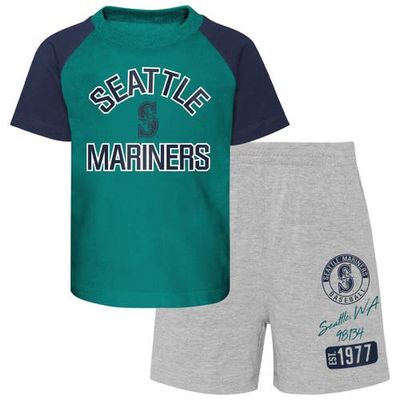 Outerstuff Toddler Aqua/Heather Gray Seattle Mariners Two-Piece Groundout Baller Raglan T-Shirt & Shorts Set