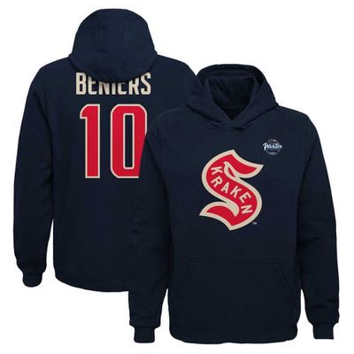 Outerstuff Youth Matty Beniers Deep Sea Blue Seattle Kraken 2024 NHL Winter Classic Name & Number Pullover Hoodie in Navy