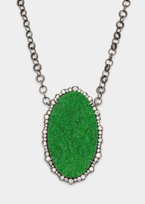 Oval Uvarovite Garnet Druze Pendant Necklace with Irregular Diamond Bezel