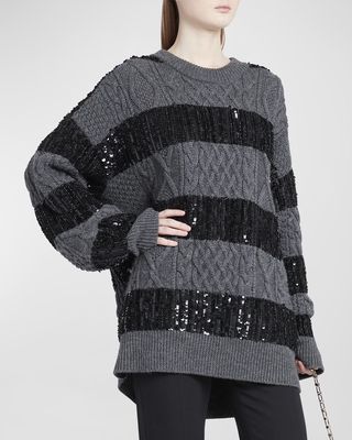 Oversize Cable-Knit Sweater with Embellished Stripes