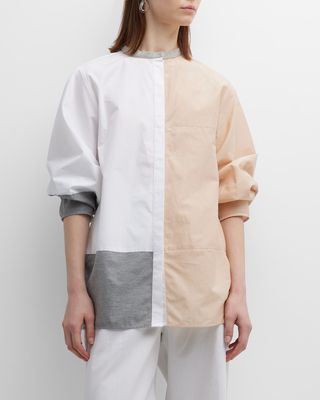 Oversized Beaded Colorblock Cotton-Silk Shirt