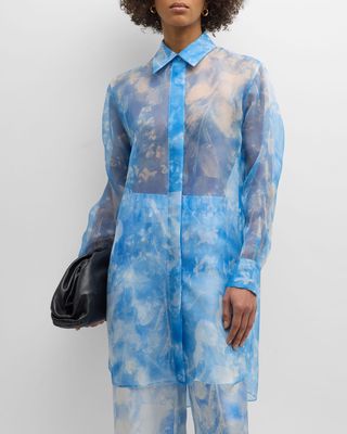 Oversized Floral-Print Organza Tunic Blouse