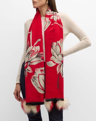 Oversized Red Floral Wrap With Faux Fur Poms