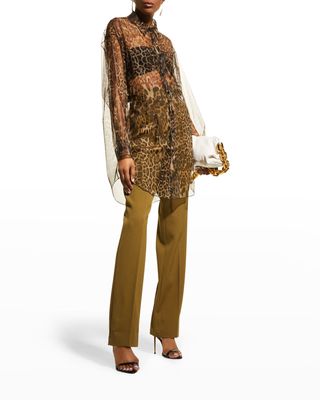 Oversized Tulle Button-Front Leopard Printed Shirt