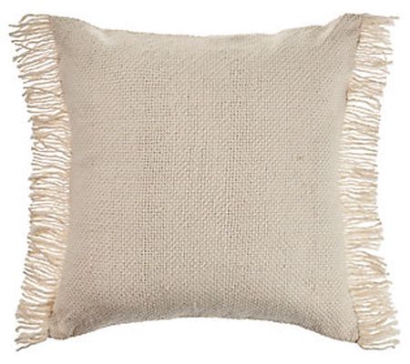 Ox Bay Solid Woven Beige Throw Pillow with Frin ge
