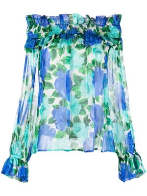 P.A.R.O.S.H. floral-print ruffle-trim blouse - Blue