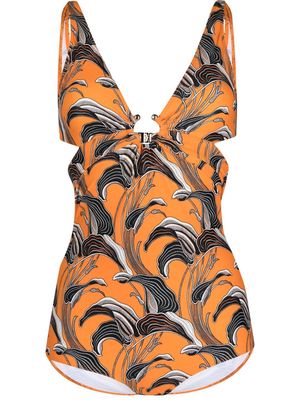 Paco Rabanne floral-print ring-detail swimsuit - Orange