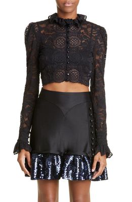 paco rabanne Ruffle Neck Lace Crop Button-Up Blouse in Black