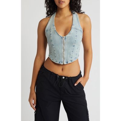 PacSun Corset Denim Crop Halter Top in Hazy Blue Indigo 