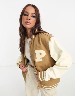 Pacsun relaxed varsity style baseball jacket with back print-Brown
