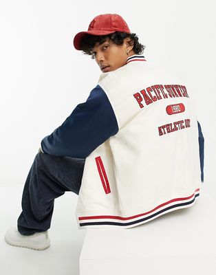 PacSun varsity jacket in cream and navy-Multi