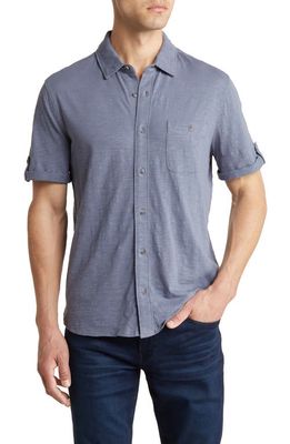 PAIGE Brayden Short Sleeve Cotton Jersey Button-Up Shirt in Ink Pot 