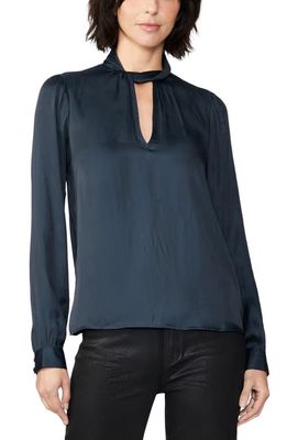 PAIGE Ceres Twist Neck Cutout Satin Blouse in Navy