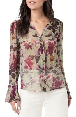 PAIGE Palma Floral Print Pleated Cuff Silk Button-Up Blouse in Brushed Olive/Raspberry Mouse