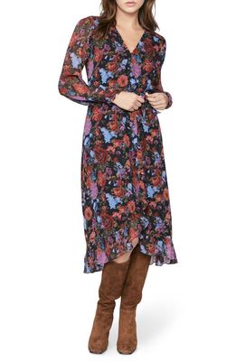 PAIGE Paulette Floral Long Sleeve Silk Midi Dress in Blue/Rust Multi