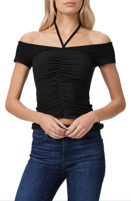 PAIGE Ruched Off the Shoulder Tie Neck Top in Black