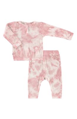 PAIGELAUREN Thermal Henley Sweatshirt & Pant Set in Light Pink Tie Dye