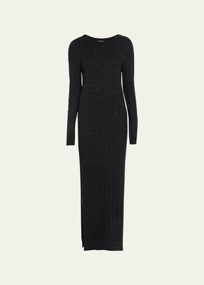 Paillette Cotton Cable-Knit Long-Sleeve Slits Sweater Gown