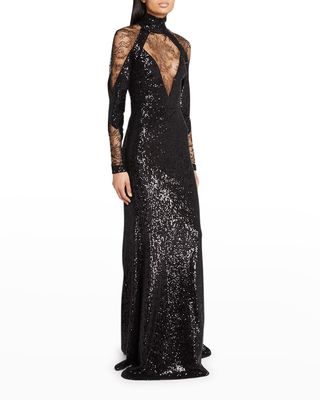 Paillette Embellished Lace Illusion Gown