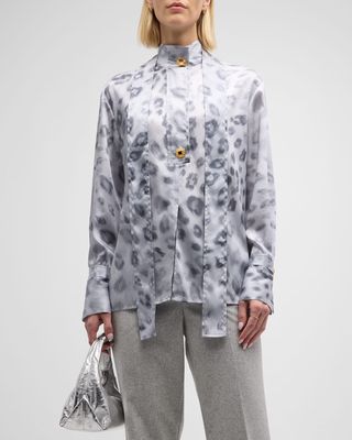 Painted Leopard-Print Neck-Tie Blouse