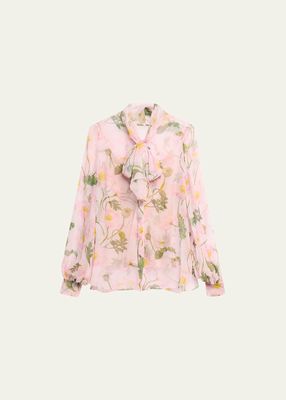 Painted Poppies Chiffon Long-Sleeve Neck-Scarf Blouse