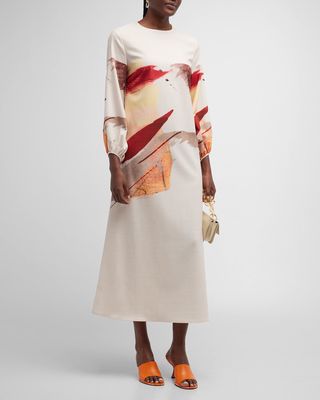 Painted Sunset Blouson-Sleeve Maxi Dress