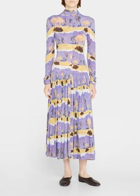 Painting-Print Balaclava Hooded Tea-Length Dress