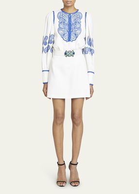 Paisley-Embroidered Belted Mini Dress