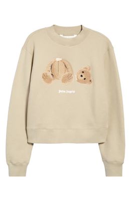 Palm Angels Bear Appliqué Cotton Sweatshirt in Beige Brown