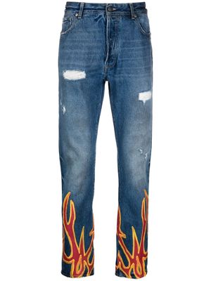 Palm Angels Burning flame-print straight-leg jeans - Blue