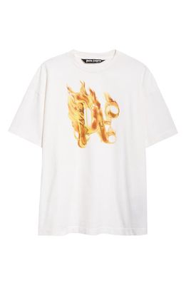 Palm Angels Burning Monogram Cotton Graphic T-Shirt in Off White Gold