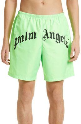Palm Angels Curved Logo Graphic Swim Trunks in Green Fluo
