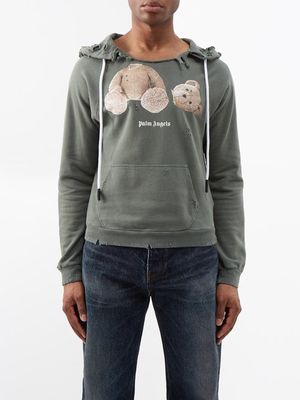 Palm Angels - Distressed Teddy Bear-print Cotton-jersey Hoodie - Mens - Black Brown