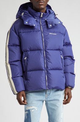 Palm Angels Down Puffer Track Jacket with Removable Hood in Navy Blue White