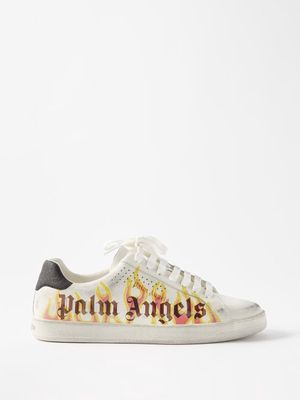Palm Angels - Flame Logo-print Leather Trainers - Mens - White Yellow