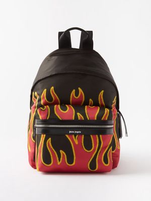 Palm Angels - Flames-print Leather-trim Backpack - Mens - Black Red