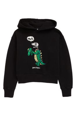 Palm Angels Kids' Embroidered Dino Cotton Hoodie in Black Forest Green