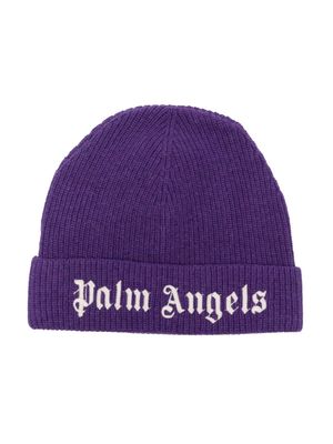 Palm Angels Kids logo-embroidered ribbed beanie - Purple