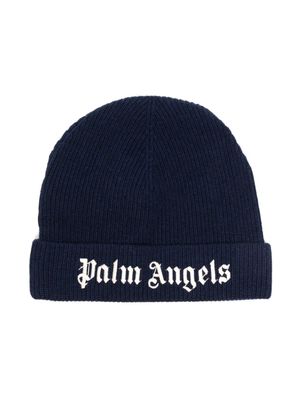 Palm Angels Kids logo-embroidered ribbed-knit beanie - Blue