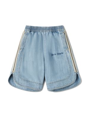 Palm Angels Kids logo-print cotton denim shorts - Blue